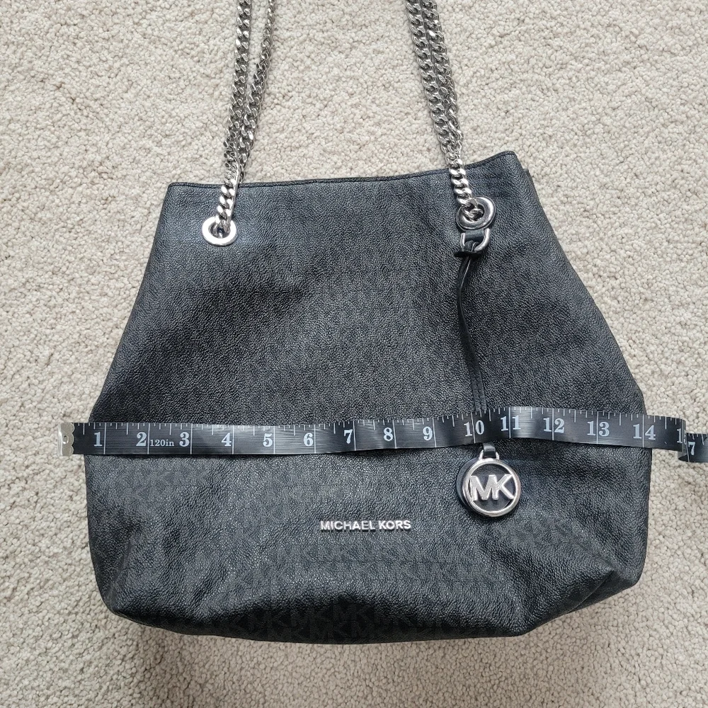 Michael Kors Silver Chain Tote Bag Black MK Logo Canvas Convertible Straps